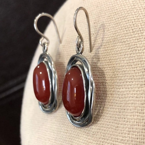 SHABLOOL DIDAE Carnelian Cabochon Nested In Sterling Silver Drop Earrings - Picture 3 of 7